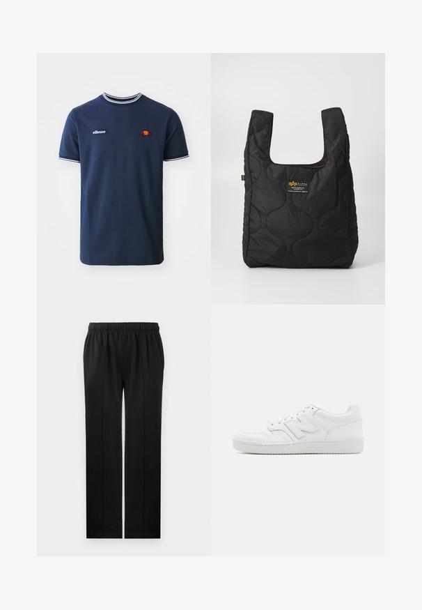 Ellesse BELVIDER TEE - T-shirts med print - navy; Sorte bukser laget av mykt stoff med elastisk liv, rett ben-design og to sidelommer. Har skjult sømdetalj.; Hvit sneakers laget av glatt lær, med perforert tå, en teksturert gummisåle, flate lisser og en fremtredende 'N' logo på siden.; Svart quiltet tote-veske med stor åpning, buede former på overflaten, og en etikett med gul og hvit tekst på forsiden.