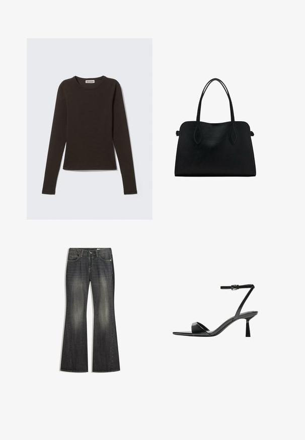 Long-sleeved, round-neck top in dark brown, constructed from smooth cotton jersey with a fitted silhouette and minimal design.; Flared dark wash denim jeans with a slight fade, five pockets, and contrast stitching, featuring a standard button and zipper closure.; Bershka High heeled sandals - black; Black leather handbag with dual shoulder straps, rectangular shape, and minimalistic design on a white background.