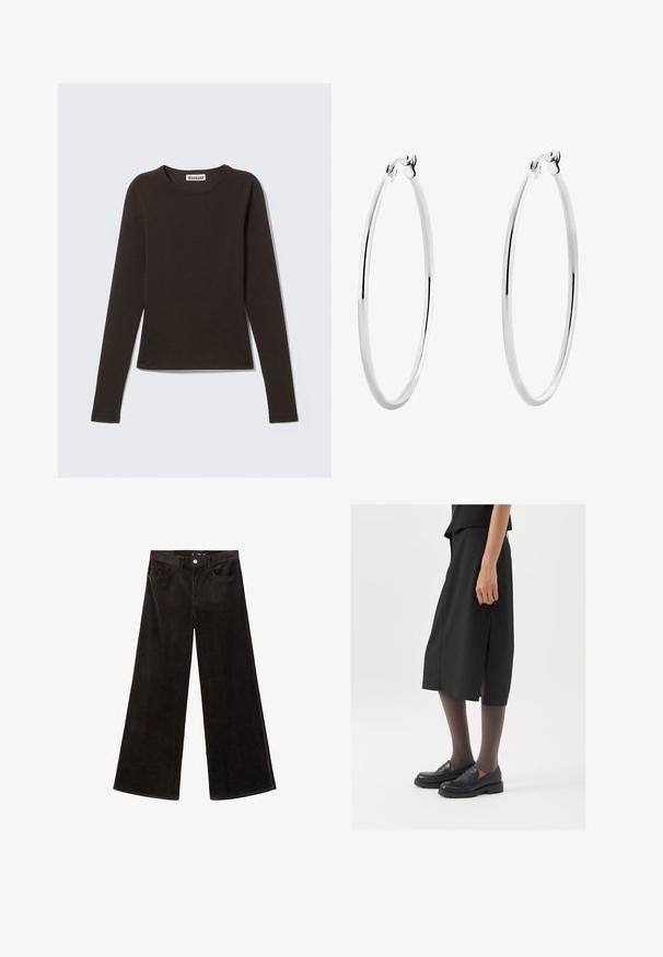 Langærmet, rundhalset top i mørkebrun, lavet af glat bomuldsjersey med en figursyet silhuet og minimalistisk design.; Sorte fløjlsvide bukser med høj talje, forlommer og en tekstureret stof, der har en knaplukning og bæltestropper.; Sort knælange nederdel med sideslids, parret med sorte loafers og gennemsigtige brune strømpebukser, der har et glat stof og et enkelt design.; Sølv øreringe med en glat, poleret overflade og en sømløs design, der har afrundede kanter og en sikker lukning.