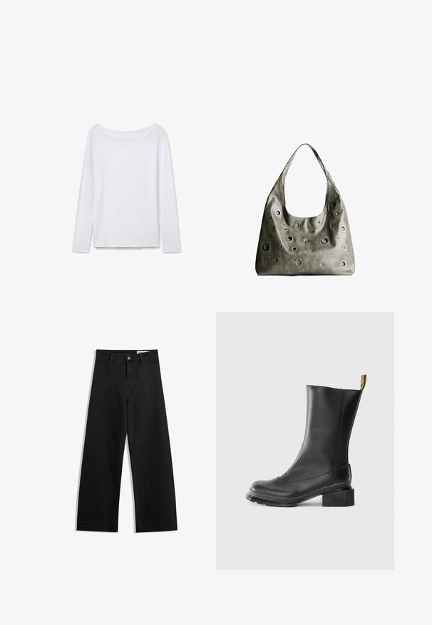 Biała koszula z długim rękawem i szerokim dekoltem, wykonana z miękkiego materiału. Gładka tekstura, proste wykończenie i brak widocznych elementów metalowych lub wzorów.; Czarne dżinsowe spodnie o szerokich nogawkach i wysokim stanie, z przednimi i tylnymi kieszeniami, przeszyciami oraz zapięciem na guziki. Gładka struktura.; Czarne skórzane botki za kostkę na słupku, o gładkiej fakturze, z okrągłym noskiem i pętelką z tyłu z żółtą marką.; Oliwkowa skórzana torebka o luźnym fasonie, z różnej wielkości okrągłymi wycięciami i akcentami w ciemniejszych i jaśniejszych odcieniach.