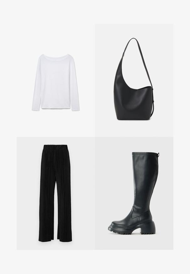 Witte blouse met lange mouwen en een brede halslijn, gemaakt van zachte stof. Soepele textuur, rechte zoom en geen zichtbare hardware of patronen.; Zwarte geplooide broek met een elastische tailleband. Beschikt over wijde pijpen en een glad, gestructureerd stof met verticale strepen.; Hoge zwarte leren laars met een chunky plateauzool en blokhak, voorzien van een trekband en een gestructureerd profiel op de buitenzool.; Zwarte leren hobo tas met een gladde textuur, kromme vorm en een enkele verstelbare schouderband; heeft een brede opening aan de bovenkant.