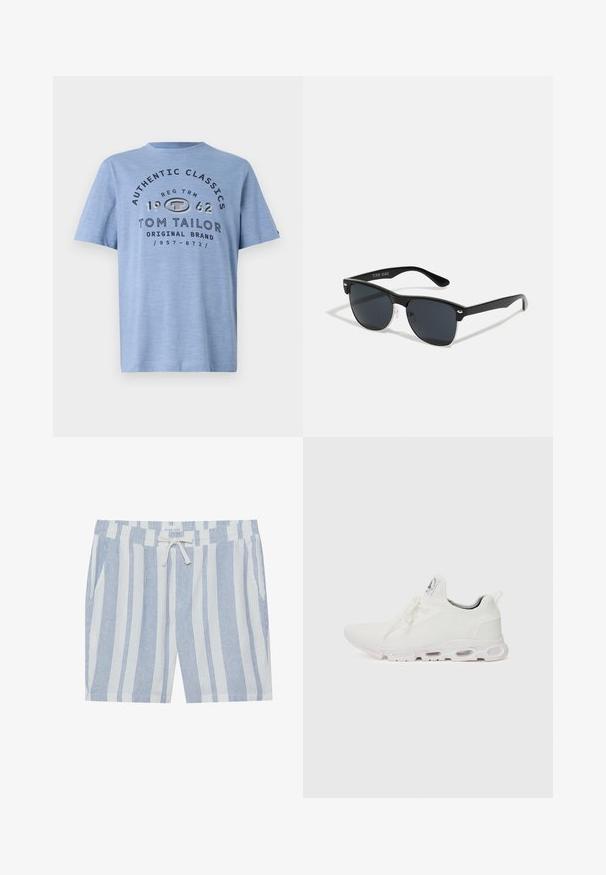 Gaiši zila īsām piedurknēm T-krekls, izgatavots no mīksta materiāla. Satur melno teksta grafiku ar uzrakstu "AUTENTISKIE KLASIKAS" un zīmola nosaukumu. Vienkāršs dizains.; Slīpo īso biksu komplekts vieglā audumā, kas apvieno zilas un baltas vertikālas svītras, elastīga josta ar auklu un sānu kabatām.; Baltas sporta apavi ar teksturētu adītu augšdaļu, platiem auklām un mīkstinātu zoli ar redzamām gaisa kamerām papildu atbalstam.; Melnas saulesbrilles ar taisnstūra formu, tumšiem stenģiem, sudraba akcentiem pie tempļiem un matētu apdari uz rāmja.