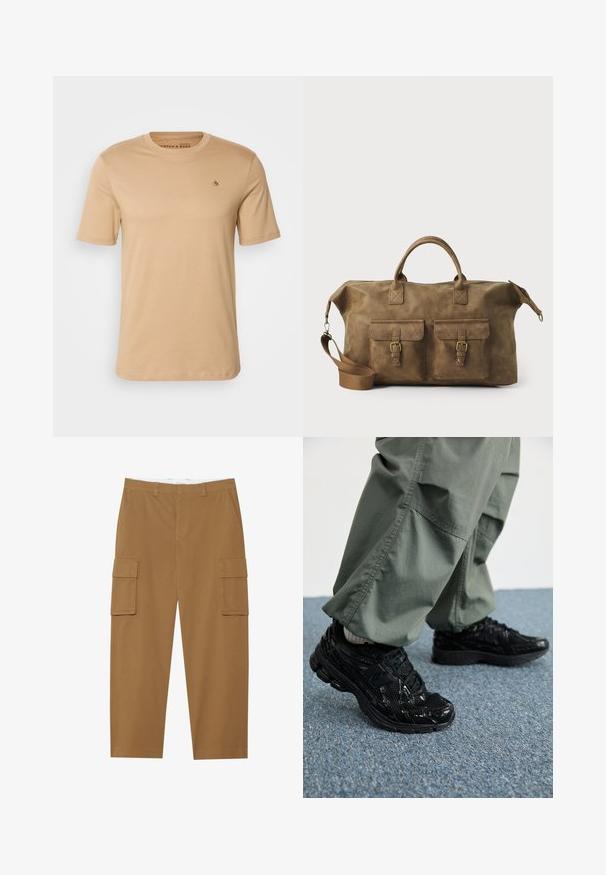 T-shirt in cotone beige con scollo rotondo e maniche corte. Presenta un piccolo logo sul petto e una texture liscia e morbida.; Pantaloni cargo marroni con due tasche laterali, fronte piatto e taglio dritto. Realizzati in un tessuto durevole con una texture liscia.; Sneaker atletici neri con texture lucida e in rete, dotati di una suola spessa e lacci, abbinati a pantaloni cargo larghi verde oliva.; Borsa da viaggio in pelle marrone con due tasche frontali, tracolla regolabile, hardware dorato e manici superiori robusti. Texture liscia.