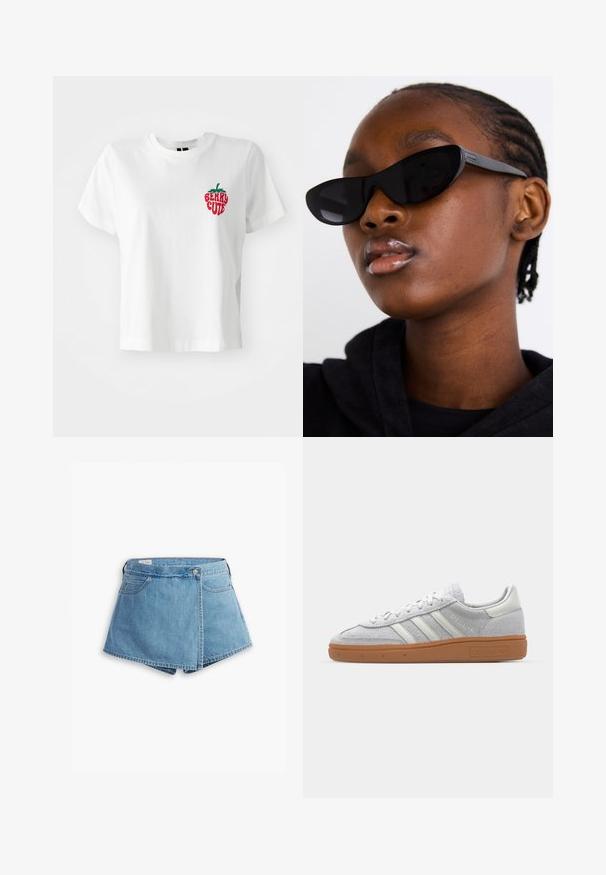 Camiseta de algodón blanca con mangas cortas y un cuello redondo, que presenta una fresa bordada en rojo y verde con el texto "BERRY CUTE."; Pantalones cortos de denim en azul claro, con un diseño envolvente, bolsillos frontales y un cierre de botón de metal. Textura suave con bordes cosidos.; Zapatillas de ante gris claro con acentos de cuero blanco, tres franjas blancas y una suela de goma marrón, que cuentan con un cuello acolchado para mayor comodidad.; Gafas de sol estilo cat-eye en negro con acabado mate, que presentan un diseño elegante y bordes suavemente curvados, colocadas sobre la ropa oscura de un modelo.