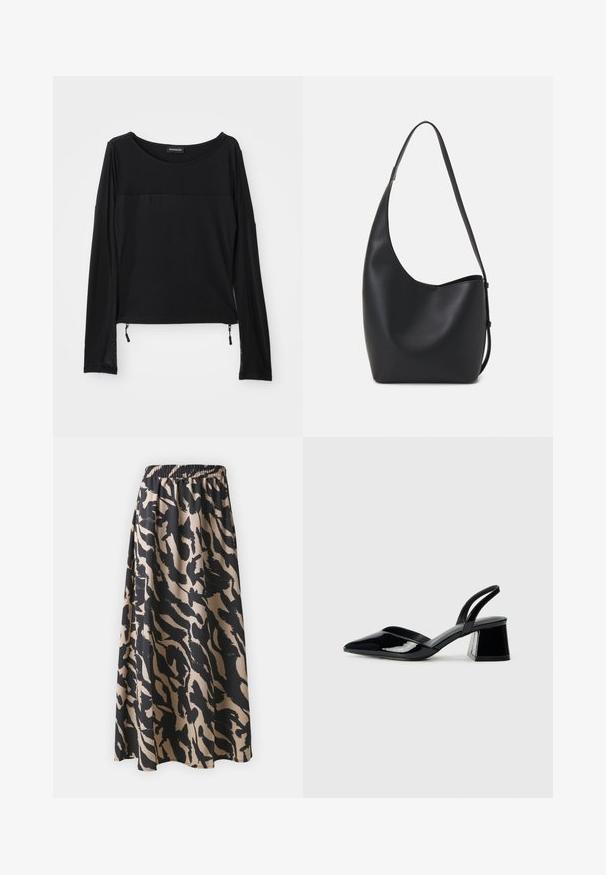 Schwarz Langarmoberteil mit runden Ausschnitt, kontrastierender Textur an den Schultern und verstellbaren Seitenschnüren. Glattes, leichtes Material.; Schwarzer und beiger langer Rock mit elastischem Bund, der ein abstraktes Tiermuster und eine fließende Silhouette aufweist.; Schwarze Lackleder-Slingback-High Heels mit spitzem Schuh und einem geometrischen Blockabsatz. Verfügt über ein schlankes, minimalistisches Design und eine glatte Textur.; Schwarze Leder-Hobo-Tasche mit einer glatten Textur, geschwungener Form und einem einzelnen verstellbaren Tragegurt; verfügt über eine weite Öffnung am oberen Ende.