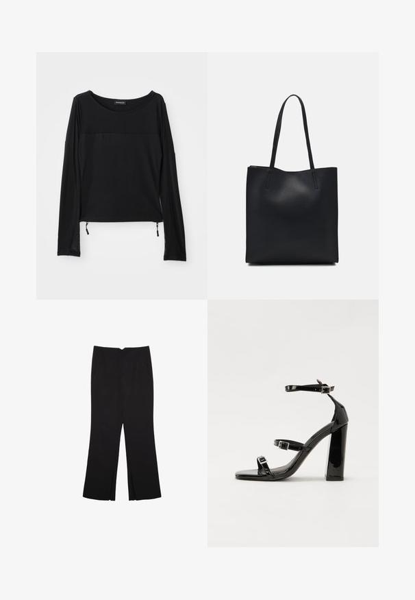 Černý dlouhý rukáv s kulatým výstřihem, kontrastní textura na ramenou a nastavitelná šňůrka po stranách. Hladká, lehká tkanina.; Černé kalhoty s rovným střihem, s předními kapsami a bočními rozparky na lemu. Vyrobené z jemné, hladké tkaniny. Vhodné na různé příležitosti.; Černé lakované sandály na podpatku se čtveratou špičkou, lýtkovými pásky a stříbrnými přezkami. Disponují masivním blokovým podpatkem pro stabilitu.; Černá kožená taška přes rameno s hladkým povrchem, obdélníkovým tvarem a dvěma dlouhými uchy. Žádné viditelné kování ani ozdoby.