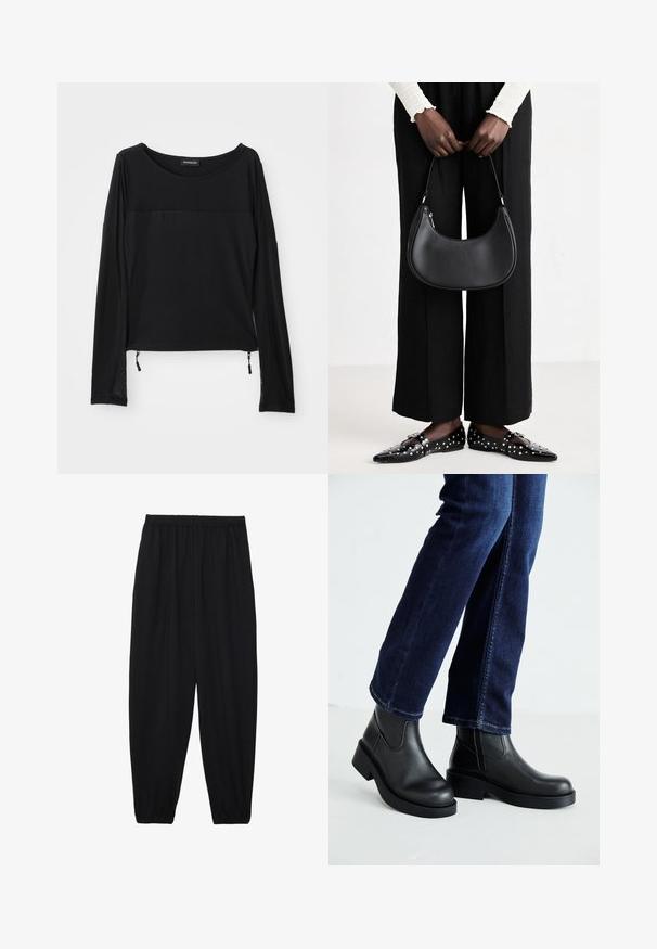 Black long-sleeve top with a round neckline, contrasting texture at the shoulders, and adjustable side drawstrings. Smooth, lightweight fabric.; Black, lightweight pants with an elastic waistband and gathered ankles. The fabric is smooth and features a relaxed, tapered design.; Black leather ankle boots with a chunky sole and side elastic panels, paired with dark blue jeans. The ground is light-colored.; Black leather shoulder bag with a rounded shape, glossy finish, and silver hardware. Person wearing black wide-leg pants and studded loafers.