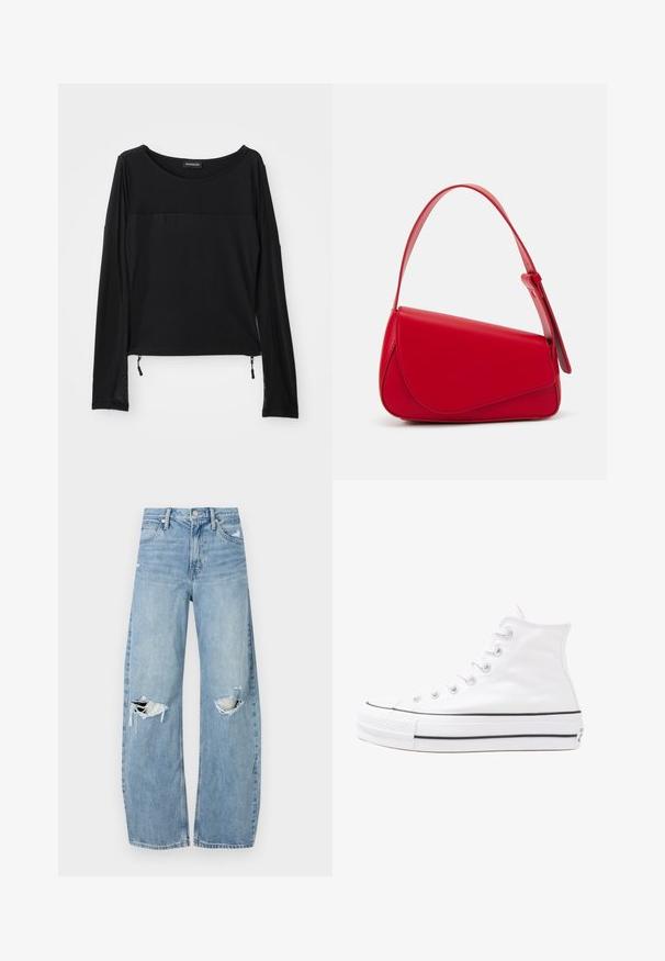 Zwarte langemouwen top met een ronde halslijn, contrasterende textuur op de schouders en verstelbare zijachtige touwtjes. Soepele, lichte stof.; Lichtblauwe, hooggeritste jeans van denim. Beschikken over wijde pijpen, twee gescheurde knievalken en klassieke vijfzakken styling.; Witte high-top canvas sneakers met een zwarte rubberen zool, een rubberen neuskap aan de voorkant en zes gaatjes voor veters, met een schone, minimalistische uitstraling.; Rode leren handtas met een hoekig, geometrisch ontwerp. Beschikt over een enkele verstelbare schouderriem en een klepclosure met gestikte details.