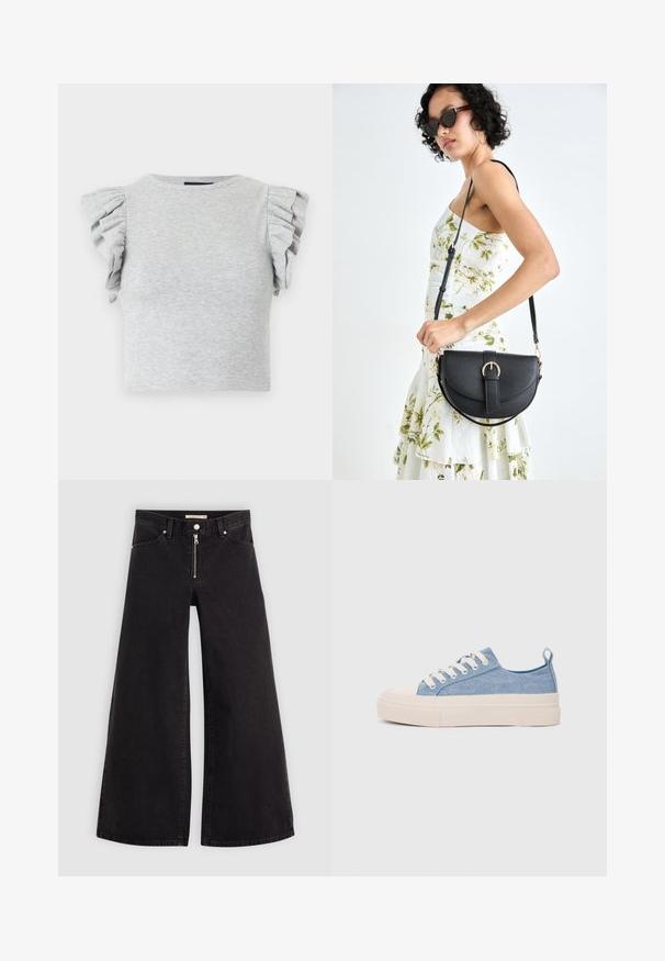 Gray ribbed knit crop top with short ruffled sleeves and a round neckline. Smooth texture, fitted design, and no visible graphics or patterns.; Wide-leg jeans in black denim with a zippered front, five-pocket design, and subtle stitching details. Smooth texture and casual style.; Light blue canvas sneakers with a cream rubber toe cap and outsole, featuring white laces and a pull tab on the heel.; Black leather handbag with a curved shape, detachable strap, and gold hardware. The bag features a flap with a buckle detail.