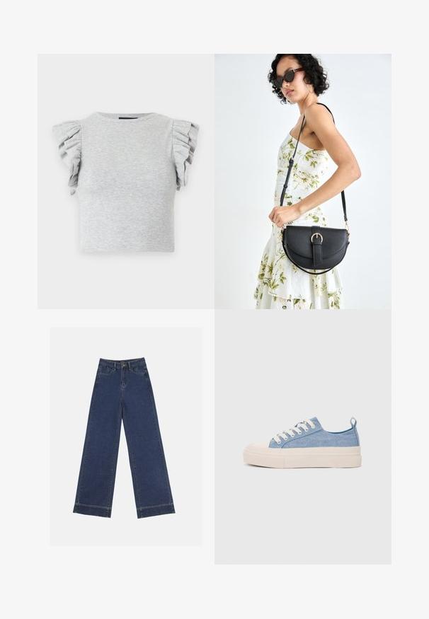 Gray ribbed knit crop top with short ruffled sleeves and a round neckline. Smooth texture, fitted design, and no visible graphics or patterns.; Wide-leg jeans in dark blue denim. Features five pockets, belt loops, and a raw hem at the bottom with visible stitching details.; Light blue canvas sneakers with a cream rubber toe cap and outsole, featuring white laces and a pull tab on the heel.; Black leather handbag with a curved shape, detachable strap, and gold hardware. The bag features a flap with a buckle detail.