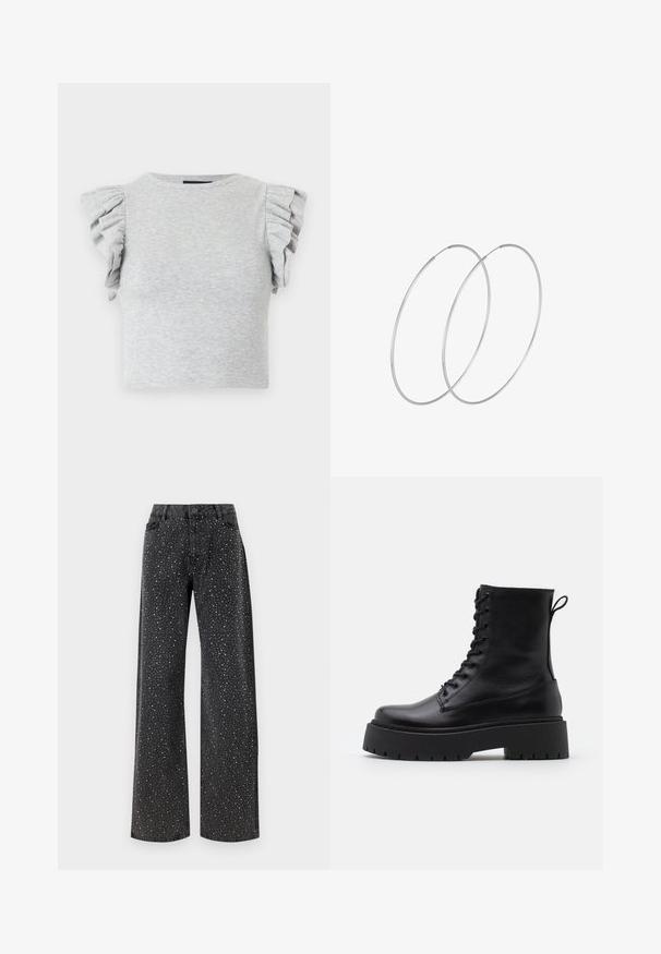 Grå ribbad tröja med korta volangärmar och rund halsringning. Slät textur, åtsittande design och inga synliga tryck eller mönster.; Noisy May NMJANNEL LOOSE - Jeans relaxed fit - black denim; Svarta läderankelboots med rund tå, snörning framtill och en tjock gummisula med strukturerat mönster. Dragflik bak.; Silverfärgade hoopörhängen med en minimalistisk design. Cirkulär form, slät yta och tunn profil. Lätta med en polerad finish.