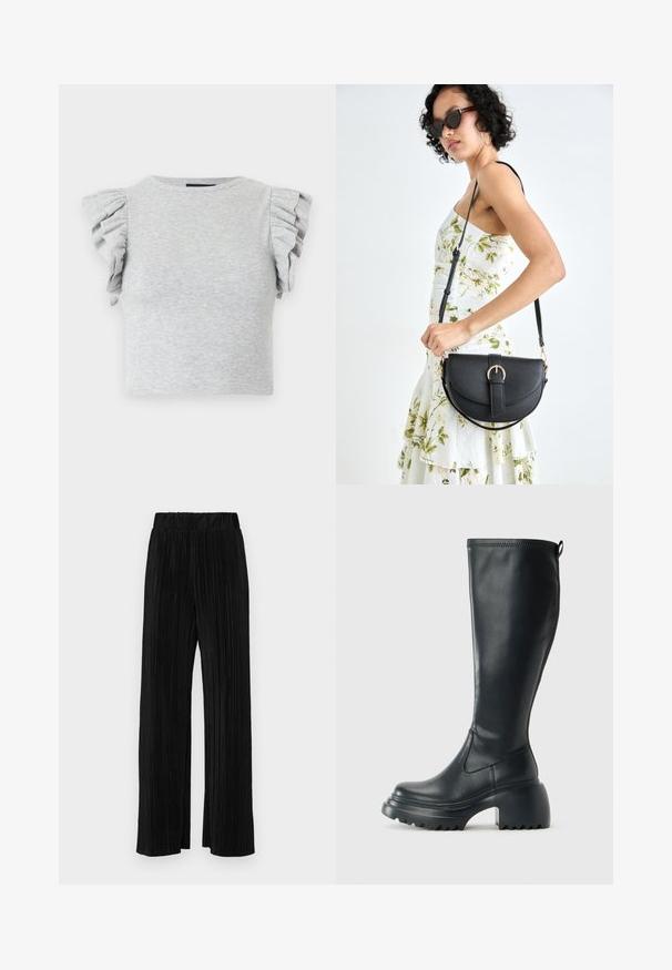 Graues geripptes Strick-Crop-Top mit kurzen Rüschensäulen und Rundhalsausschnitt. Glatte Textur, taillierte Passform und keine sichtbaren Grafiken oder Muster.; Schwarze plissierte Hose mit elastischem Bund. Verfügt über weite Hosenbeine und einen glatten, strukturierten Stoff mit vertikalen Streifen.; Hoher schwarzer Lederstiefel mit einer robusten Plateausohle und Blockabsatz, der über eine Zuglasche und ein strukturiertes Profil an der Außensohle verfügt.; Schwarze Lederhandtasche mit geschwungener Form, abnehmbarem Tragegurt und goldenen Beschlägen. Die Tasche verfügt über einen Deckel mit einer Schnallen-Details.