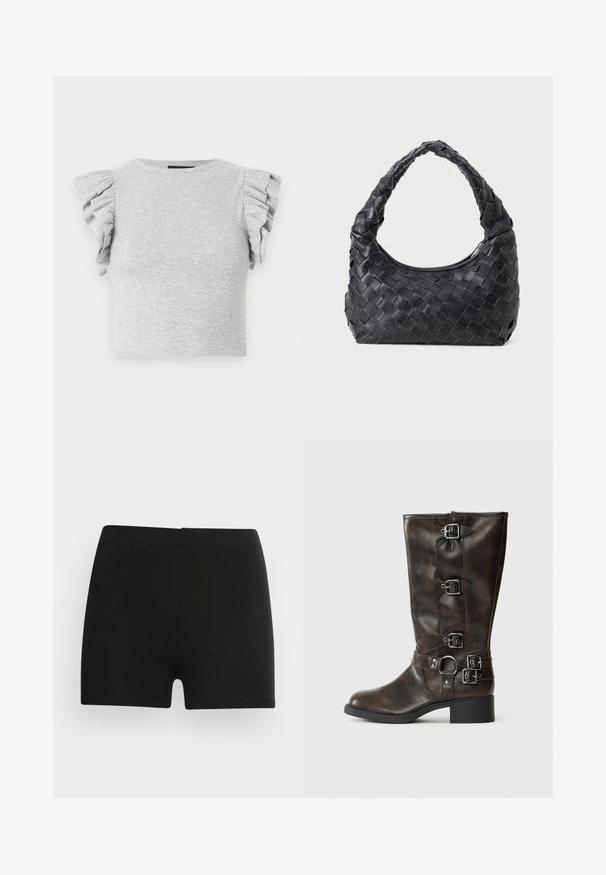 Gray ribbed knit crop top with short ruffled sleeves and a round neckline. Smooth texture, fitted design, and no visible graphics or patterns.; Black cotton shorts with a fitted design and elastic waistband. Smooth texture, mid-thigh length, and no visible patterns or accents.; Brown leather knee-high boots with multiple buckles, a round toe, and a low chunky heel. Features a textured finish and adjustable straps.; Black leather woven shoulder bag with a rounded handle and crescent-shaped body on a plain background.