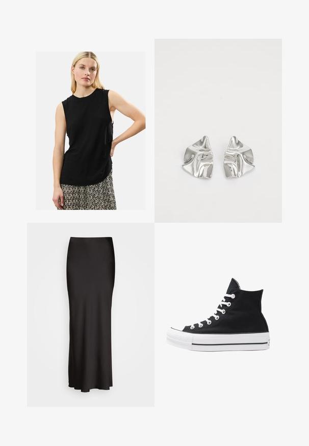 Top senza maniche nero in morbido tessuto con vestibilità rilassata. Leggero, con scollatura rotonda e leggero drappeggio con spacchi laterali. Abbinato a una gonna a fantasia.; Gonna in satin nera, lunga fino al pavimento, con una texture liscia, vita aderente e silhouette a forma di A, priva di decorazioni visibili o fantasie.; Sneaker alta nera in tela con occhielli e lacci bianchi e suola in gomma. Presenta un punta testurizzata e accenti a strisce bianche e nere.; Orecchini in metallo argento con un design ondulato e scultoreo, caratterizzati da una finitura lucida e forme irregolari, che evidenziano un'estetica contemporanea.