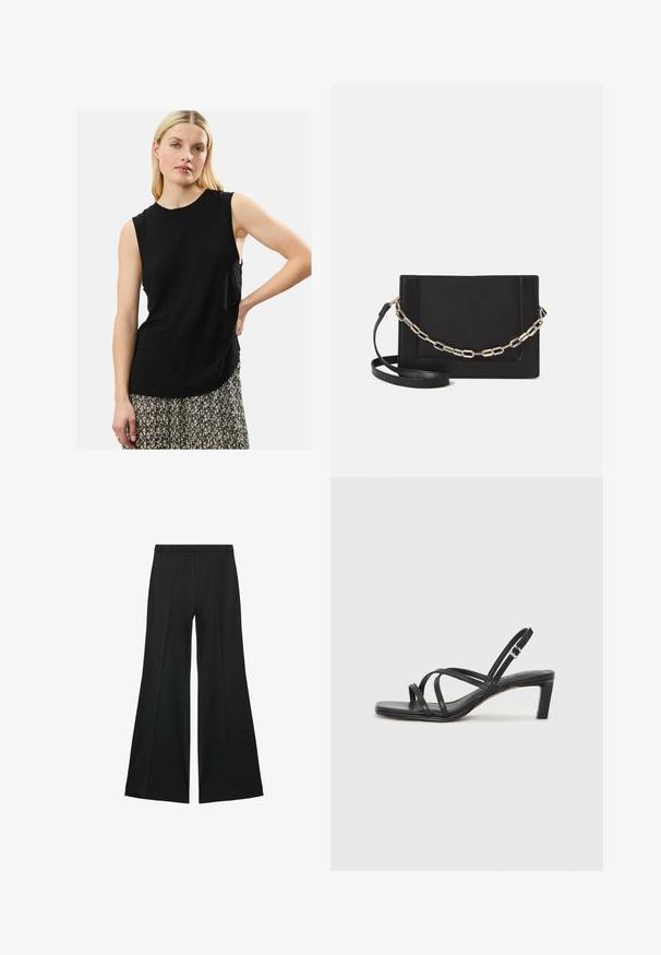 Schwarzes ärmelloses Oberteil aus weichem Stoff mit lockerer Passform. Leicht, runder Ausschnitt und sanfter Fall mit seitlichen Schlitzen. Kombiniert mit einem gemusterten Rock.; Schwarze weit geschnittene Hose mit glatter Textur, ausgestattet mit Frontfalten und einem taillierten Design. Der Stoff ist leicht und fließend.; Schwarze Sandale mit Riemchen, quadratischer Zehenform und niedrigem Blockabsatz. Verfügt über mehrere dünne Riemen und einen verstellbaren Knöchelriemen. Hergestellt aus glattem Leder.; Schwarze Leder-Crossbody-Tasche mit glatter Textur, rechteckiger Form und metallic-kettendetail auf der Vorderseite. Verstellbarer Gurt inklusive.