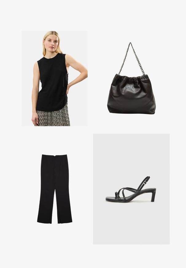 Schwarzes ärmelloses Oberteil aus weichem Stoff mit lockerer Passform. Leicht, runder Ausschnitt und sanfter Fall mit seitlichen Schlitzen. Kombiniert mit einem gemusterten Rock.; Schwarze Hose mit geradem Schnitt, ausgestattet mit Fronttaschen und Seitenschlitzen am Saum. Hergestellt aus weichem, glattem Stoff. Geeignet für verschiedene Anlässe.; Schwarze Sandale mit Riemchen, quadratischer Zehenform und niedrigem Blockabsatz. Verfügt über mehrere dünne Riemen und einen verstellbaren Knöchelriemen. Hergestellt aus glattem Leder.; Braune Lederhandtasche mit gerafftem Oberteil und Kettenriemen. Glatte Textur mit glänzendem Finish und subtilen Nahtdetails an den Seiten.