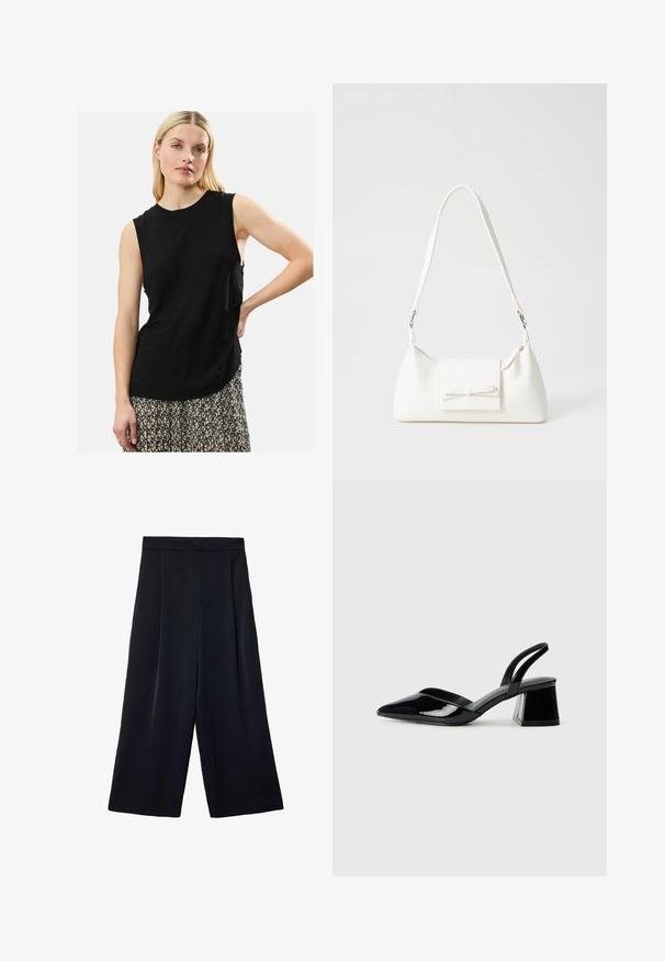 Zwarte mouwloze top van een zachte stof met een ontspannen pasvorm. Lichtgewicht, ronde halslijn en een lichte draping met zijsplitten. Gepaard met een gebloemde rok.; Wijdvallende zwarte broek van lichtgewicht stof. Voorzien van een geplooide voorkant, hoge tailleband en een losse pasvorm rondom de benen.; Zwarte gepatineerde leren slingback hakken met een spitse neus en een geometrische blokhak. Kenmerkt zich door een slank, minimalistisch ontwerp en een gladde textuur.; Witte synthetische handtas met een driehoekige vorm, platte voorklep en strikdetail, verstelbare schouderriem, gladde textuur en minimalistisch ontwerp.