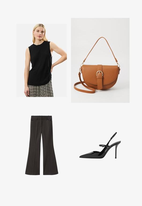 Schwarzes ärmelloses Oberteil aus weichem Stoff mit lockerer Passform. Leicht, runder Ausschnitt und sanfter Fall mit seitlichen Schlitzen. Kombiniert mit einem gemusterten Rock.; Schwarze, weit geschnittene Hosen mit hoher Taille; verfügt über zwei Fronttaschen und eine glatte Stoffoberfläche. Geeignet für verschiedene Anlässe.; Schwarze Lackleder Slingback-High Heels mit spitzem Zeh, verstellbarem Riemen und Stiletto-Absatz. Glatte Oberfläche mit glänzendem Finish.; Braune Leder-Crossbody-Tasche mit geschwungener Form, goldfarbenen Beschlägen und einer Schnallenakzentuierung. Verfügt über einen abnehmbaren Schultergurt.