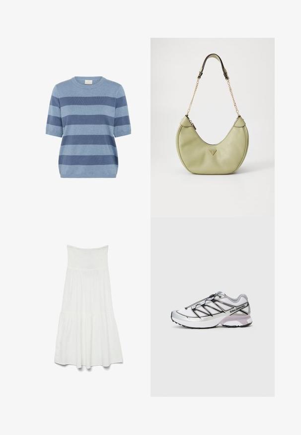 Blauwe gestreepte short-sleeve trui gemaakt van zacht breimateriaal; kenmerken zijn variërende blauwtinten met een ronde halslijn en een ontspannen pasvorm.; Lichtroze, langetermijn overhemd met knopen en een notch-kraag, enkele borstzak en een relaxte pasvorm. Zacht materiaal en een gladde textuur.; Witte strapless jurk met een smocked lijfje en een uitlopende, gelaagde rok. Gemaakt van lichte stof met een zachte textuur.; Hardloopschoen met een lichtgewicht, witte mesh bovenkant, zilveren accenten en een zwart vetersysteem; heeft een gestructureerde zool voor grip.; Groene leren handtas met een kenmerkende gebogen vorm, gouden logo-accent, een ritssluiting en een kettinghengsel. Gelaagde oppervlaktedetails.; Zign Armband - silver-coloured