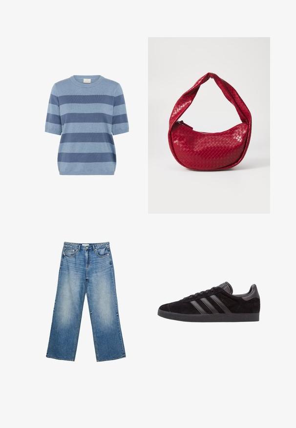 Lyhyet hihansuut, pehmeästä neulemateriaalista valmistettu siniraitainen neule; sisältää eri sävyjä sinisestä, pyöreä kaula-aukko ja rento malli.; Vaaleansiniset väljät farkut, joissa on kevyt pesu, viisi taskua, napitus ja näkyvät saumurisiomerkinnät.; Musta mokkasneakerit, joissa on teksturoidut kumipohjat, kolme mustaa nahkaviivaa, pyöristetty kärki ja pehmustettu nilkkapanta.; Punainen kudottu nahkakäsilaukku, jossa on kaareva, pehmustettu kahva, vetoketjukiinnitys ja teksturoitu pinta, joka heijastaa kiiltävää hohtoa.