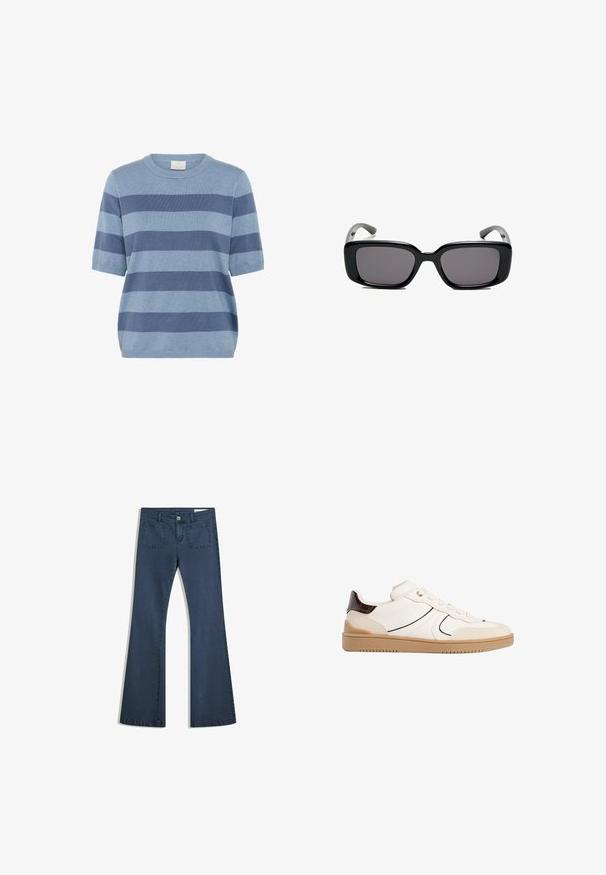 Modra prugasta kratka majica z dolgimi rokavi, izdelana iz mehkega pletenega materiala; vsebuje različne odtenke modre s krožno odprtino in sproščenim fit.; Temno modri široki kavbojke iz denima s prišitimi žepi, gumbom za zapiranje in gladko teksturo. Imajo klasičen dizajn s petimi žepi.; Stradivarius Športni copati - white; Črne pravokotne sončne očala z temnimi lečami, gladkim plastičnim okvirjem in ukrivljenimi nogicami. Oblika je robustna in minimalistična.