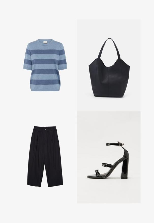 Modrý pruhovaný svetr s krátkym rukávom vyrobený z mäkkej pleteniny; obsahuje rôzne odtiene modrej, okrúhly výstrih a voľný strih.; Čierne polyesterové culotte nohavice s elastickým pásom, dvoma prednými záhybmi a voľným strihom. Žiadne viditeľné vzory ani detaily z kovu.; Čierne lakované sandále na podpätku so štvorcovou špičkou, navlečenými remienkami okolo členku a striebornými prackami. Disponujú masívnym blokovým podpätkom pre stabilitu.; Čierna taška s dlhým uchom vyrobená z hladkej kože, s oblým otvoreným vrchom a dvoma ramennými popruhmi, minimalistického dizajnu.