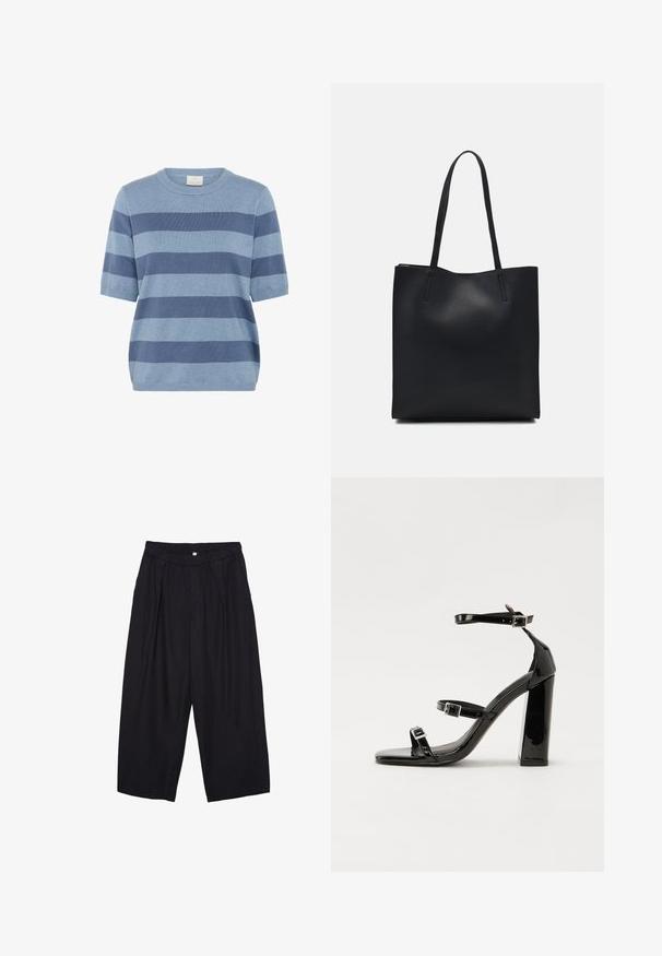 Maglione a maniche corte a righe blu realizzato in morbido tessuto a maglia; presenta diverse tonalità di blu con collo rotondo e vestibilità rilassata.; Pantaloni culotte neri in poliestere con una cintura elastica, due pieghe frontali e una silhouette ampia. Nessun motivo visibile o dettagli in metallo.; Sandali con tacco in vernice nera, con punta squadrata, cinturini alla caviglia e fibbie in argento. Presentano un tacco a blocco spesso per maggiore stabilità.; Borsa tote in pelle nera con texture liscia, forma rettangolare e due manici lunghi. Nessun hardware o decorazione visibile.