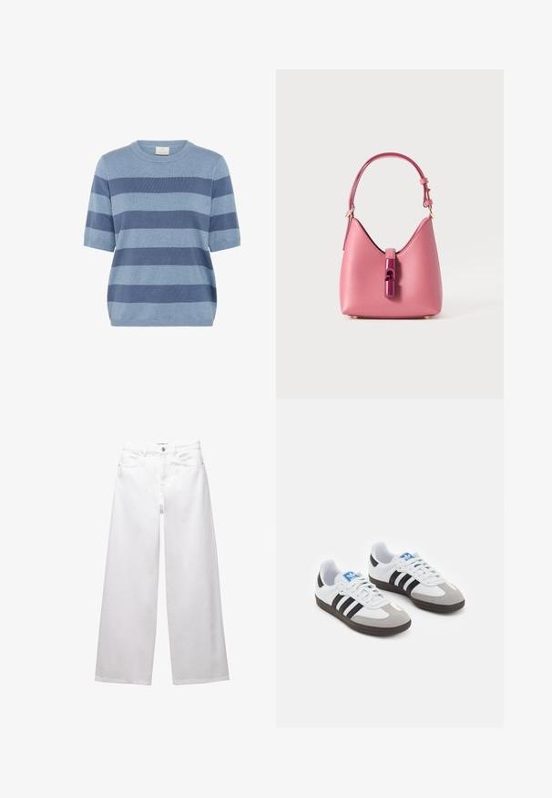 Pull à manches courtes rayé bleu en matière tricotée douce ; présente des nuances variées de bleu avec un col rond et une coupe décontractée.; Jean large blanc en denim. Comprend une fermeture à bouton, des poches avant et arrière, et des coutures. Texture lisse avec un minimum de détails.; Baskets avec une tige en cuir blanc, un bout en daim gris et trois bandes noires. Présente un logo bleu sur la languette et une semelle en caoutchouc texturée.; Sac à main en cuir rose avec une forme structurée, doté d'une fermeture brillante et d'une seule bandoulière réglable. Fini texturé avec des accessoires en or.