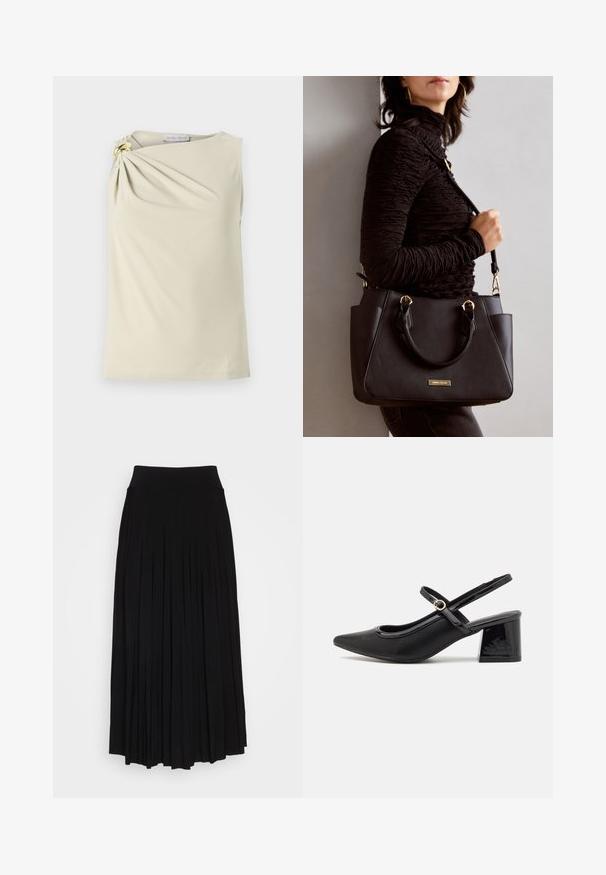 Ärmelloses beiges Top mit einem gerafften Design an der linken Schulter, das mit einem goldenen Ring verziert ist. Hergestellt aus glattem, dehnbaren Stoff.; Schwarzer plissierter Rock mit breitem, dehnbarem Bund. Gefertigt aus weichem Stoff, mit vertikalen Falten für eine fließende Silhouette.; Schwarze Lackleder-Slingback-Absätze mit spitzer Zehenform, einem runden Ausschnitt-Design und einem Blockabsatz. Mit einem goldfarbenen Schnallenakzent.; Schwarze Handtasche mit strukturierten Oberflächen, doppelten Obergriffen und verstellbarem Schultergurt. Mit goldfarbener Hardware und Seitentaschen.