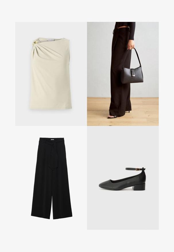 Top beige senza maniche con un design arricciato sulla spalla sinistra, caratterizzato da un accento con anello dorato. Realizzato in tessuto morbido ed elasticizzato.; Pantaloni neri a gamba larga caratterizzati da un tessuto testurizzato, una vita elastica e una cintura staccabile per una vestibilità regolabile.; Pump in pelle nera con punta affusolata e tacco basso a blocco. Presenta una cinghia alla caviglia con una fibbia in tonalità oro. Texture liscia.; Borsa nera con forma strutturata, texture liscia e una chiusura metallica. Abbinata a pantaloni neri larghi e sandali open-toe su un pavimento in legno.