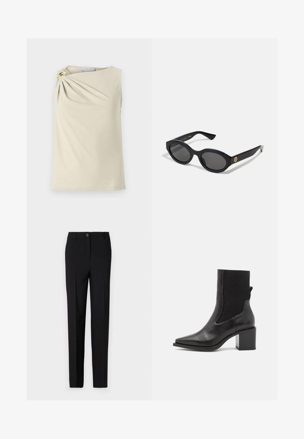 Sleeveless beige top with a gathered design at the left shoulder, featuring a gold ring accent. Made from smooth, stretchy fabric.; Black tailored trousers with a straight leg design, featuring a button fastening and belt loops, made from smooth fabric.; Black ankle boot with a pointed toe, made of smooth leather and elastic fabric. Features a block heel and minimalist design.; Black oval sunglasses with dark lenses and glossy plastic frame. Features gold logo on the temple, offering a sleek and modern design.; Blue patterned handbag made of fabric, featuring a curved shape, black leather strap, and logo design in a lighter shade.