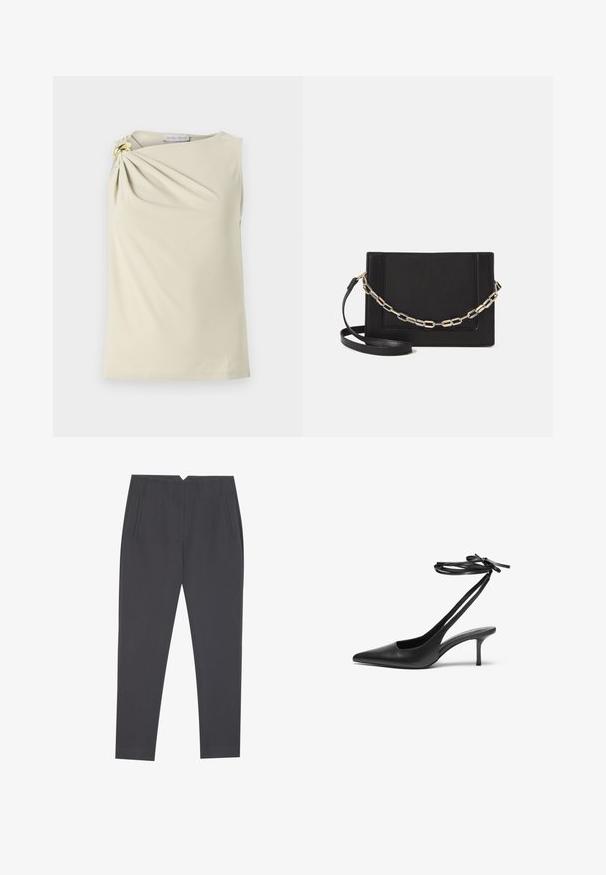 Sleeveless beige top with a gathered design at the left shoulder, featuring a gold ring accent. Made from smooth, stretchy fabric.; Dark gray tapered trousers with side pockets and front pleats, designed for a tailored fit.; Black leather stiletto shoe with a pointed toe, open back, and ankle straps tied in a bow. Slim 3-inch heel. Smooth texture, minimalist design.; Black leather crossbody bag featuring a smooth texture, rectangular shape, and a metallic chain detail on the front. Adjustable strap included.