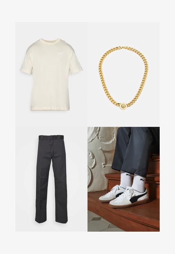 Short-sleeve cream T-shirt made of soft cotton, featuring a crew neck and a small embroidered logo on the chest. Smooth texture, relaxed fit.; Black pants made of durable fabric, featuring a straight leg design, a waistband with belt loops, and seams for added texture.; Puma sneakers in white and black suede, featuring a brown rubber sole. Paired with white socks displaying a black logo, worn with dark pants.; Gold chain necklace with large interlocking links, featuring a circular pendant detail at the center with a raised emblem.