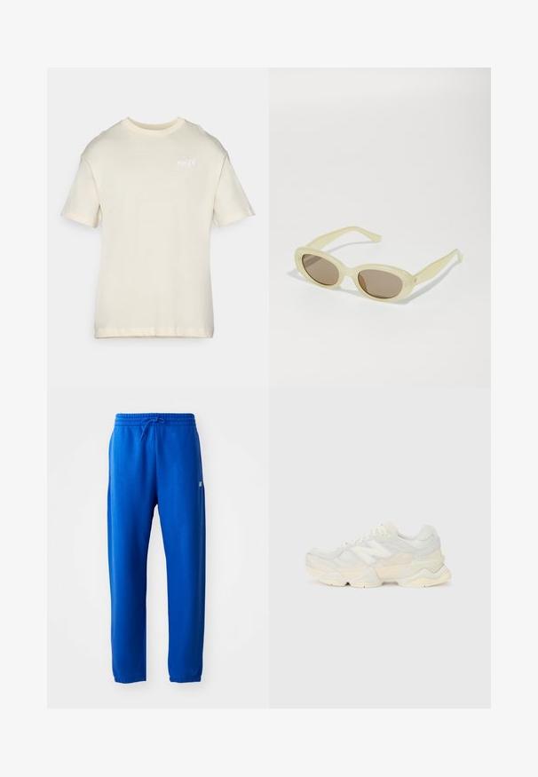 Short-sleeve cream T-shirt made of soft cotton, featuring a crew neck and a small embroidered logo on the chest. Smooth texture, relaxed fit.; Blue sweatpants made of soft fabric, featuring an elastic waistband with drawstring, tapered legs, and a small logo detail on the side.; Lightweight sneaker featuring a mesh and suede upper in soft cream tones, with a chunky sole and three-dimensional accents.; Oval sunglasses with a translucent pale yellow frame and brown lenses. Features smooth texture and subtle hardware accents on the sides.