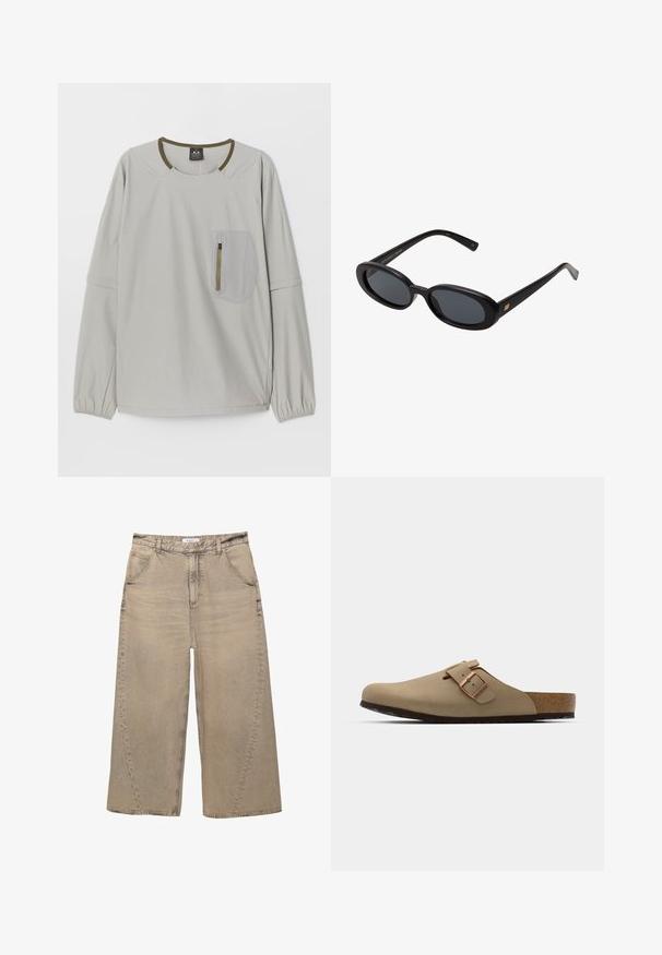 Haut à manches longues gris clair avec un col rond, des poignets élastiques et une poche plaquée texturée avec fermeture éclair sur le devant.; PULL&BEAR MEGA BAGGY - Jean baggy - light grey; Sabots beiges avec un bout arrondi, accent en boucle ajustable et semelle en liège. Surface texturée avec une semelle en caoutchouc noir pour une meilleure adhérence.; Lunettes de soleil noires surdimensionnées avec des verres ovoïdes, monture en plastique lisse et accents dorés sur les tempes. Les verres sombres offrent une protection contre le soleil.