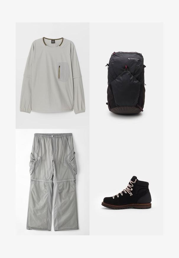 Light gray long-sleeve top with round neckline, elastic cuffs, and a textured patch pocket featuring a zipper on the front.; Light grey, breathable fabric trousers with an elastic waistband, side pockets, and contrasting grey piping along the seams. Loose fit design.; Black suede hiking boot with pink laces, metal eyelets, cushioned ankle support, and a textured rubber sole, featuring a contrast brown midsole.; Black backpack with a triangular logo, 26L capacity, zip closure, textured lower panel, and contrasting red accents for added detail.