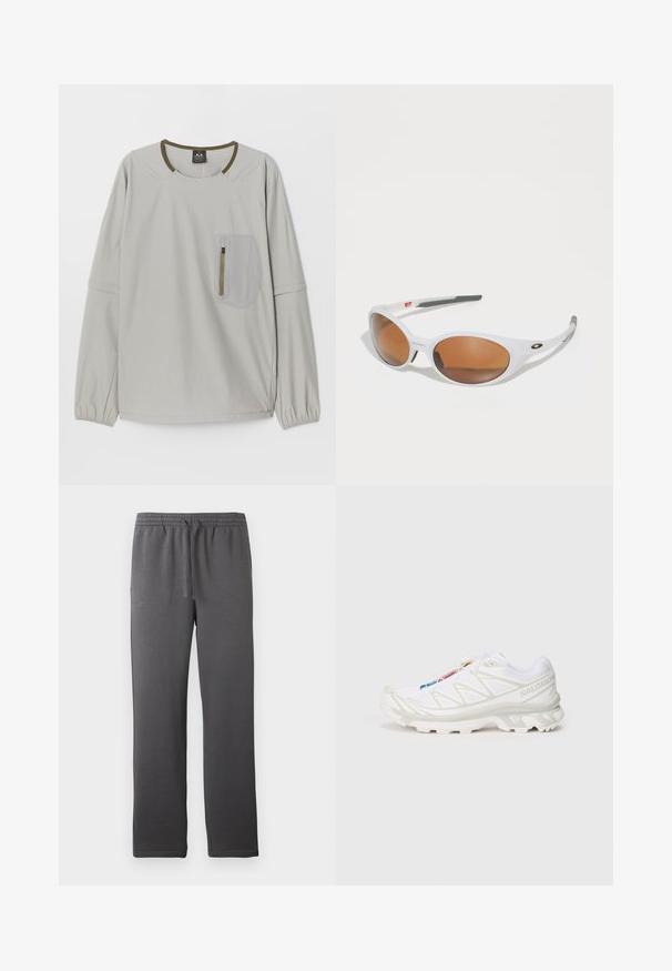 Svijetlosiva majica dugih rukava s okruglim izrezom, elastičnim manžetama i teksturiranim džepom s patentnim zatvaračem na prednjoj strani.; Sive sportske hlače s elastičnim pojasom, vezicom i glatkom teksturom. Imaju ravne nogavice i bez vidljivih džepova.; Bijela atletska obuća s teksturiranim mrežastim gornjim dijelom, reflektirajućim detaljima i podstavljenim potplatom. Značajan logo brenda sa strane.; Bijele sunčane naočale s smešnim lećama, ovalnog oblika, izrađene od glatke plastike, sivi detalji na ručkama i logotip na okviru.