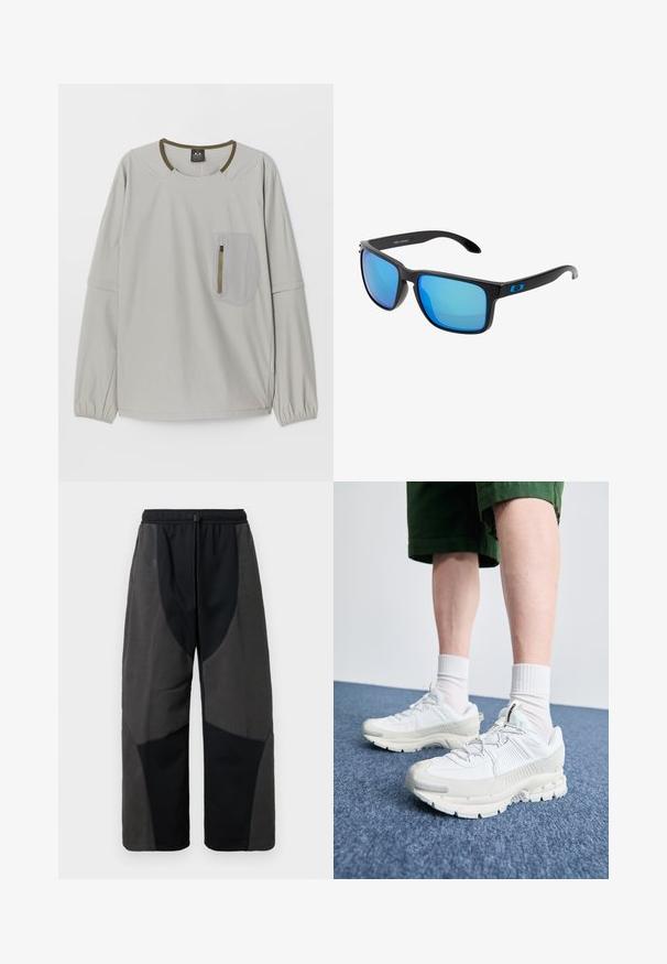 Helles graues Langarmoberteil mit rundem Halsausschnitt, elastischen Bündchen und einer strukturierten aufgesetzten Tasche mit Reißverschluss auf der Vorderseite.; Schwarz gefütterte, lockere Hose mit Fleece-Akzenten, die kontrastierende dunkelgraue Stoffpaneele und einen verstellbaren Kordelzugbund aufweist.; Weiße Sportschuhe mit strukturierten Überzügen, einer dicken Sohle und grauen Akzenten. Tragen mit weißen Crew-Socken und grünen Shorts auf einer blauen Oberfläche.; Stilvolle schwarze Sonnenbrille mit blauen verspiegelten Gläsern, quadratischen Fassungen und blauen Akzenten an den Schläfen. Hergestellt aus leichtem Kunststoffmaterial.