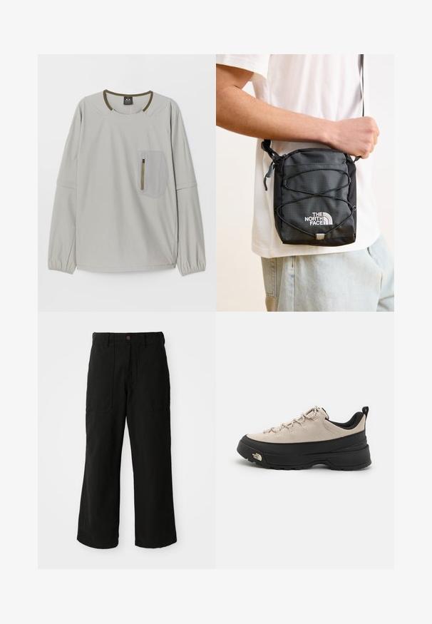 Top lung cu mâneci lungi de culoare gri deschis, cu decolteu rotund, manșete elastice și o buzunar texturat cu fermoar pe față.; Pantaloni negri cu termen larg, realizați dintr-un material moale, cu buzunare frontale și închidere cu nasture la talie. Design minimalist, fără modele vizibile.; Pantof de drumeție din microfibră bej cu talpă din cauciuc negru, accente texturate și șirete reflectorizante. Dispune de un tab pentru o îmbrăcare ușoară.; Geantă crossbody din nailon negru, cu suprafață texturată, curea ajustabilă și detalii cu cordon elastic. Prezintă logo-ul "The North Face" în alb.