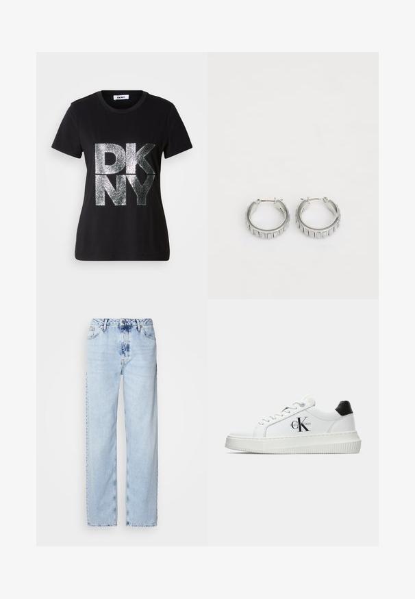 Čierne tričko s krátkym rukávom, na prednej strane veľké strieborné trblietavé písmená "DKNY" a okrúhly výstrih.; Svetlomodré široké džínsy vyrobené z denimu, s vysokým pásom, vyblednutým umývaním a jemným vzorom batikovania na prednej strane.; Biele nízke tenisky s čiernym pätkovým dielom, platformovou podrážkou, šnúrkami a logom "CK" značky Calvin Klein na boku.; Strieborné kruhové náušnice s textúrovaným dizajnom, ktorý obsahuje vertikálne ryhy. Obdĺžnikový tvar so zabezpečovacím uzáverom. Hladký povrch.
