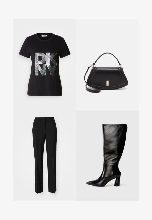 Černé tričko s krátkými rukávy a velkými stříbrnými třpytivými písmeny „DKNY“ na přední straně a kulatým výstřihem.; Černé kalhoty na míru se střihem do rovna, které mají hladkou texturu a ostré sklady na přední straně. Bez viditelného kování.; Černá kožená vysoká boot do půli lýtek s špičatou špičkou, hladkou texturou a masivním podpatkem. Obsahuje zip na zadní straně.; Černá kožená kabelka se strukturovaným designem, jejíž tvar je zkrácený, má horní rukojeť a zlaté kovové detaily. Součástí je i nastavitelný ramenní popruh.