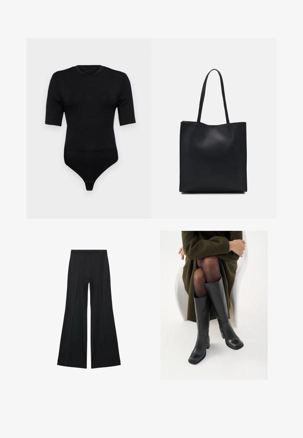 Crni bodi s kratkim rukavima, napravljen od mekanog materijala. Ima okrugli izrez i tangice s kopčanjem na gumbu. Glatka tekstura.; Crne široke hlače s glatkom teksturom, koje imaju prednje nabore i kroj po mjeri. Tkanina je lagana i lepršava.; Čizme od crne kože do koljena sa četvrtastim vrhom i blok petom, prikazane s manekenkom koja sjedi u maslinasto zelenom kaputu. Glatka tekstura, minimalni detalji.; Crna kožna torba za nošenje s glatkom teksturom, pravokutnim oblikom i dvije duge ručke. Nema vidljivih metalnih dijelova ili ukrasa.