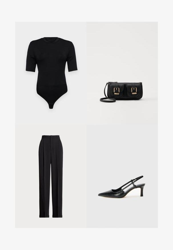 Sorte bodysuit med kortærmer, lavet af blødt stof. Har en rund halsudskæring og en thong-bottom med trykknaplukning. Glat tekstur.; Sorte skrædderbukser med høj talje, der har folder fortil, en lige benlængde og ombukket kant. Lavet af glat stof.; Sorte patent slingback hæl med spids tå, prydet med tekstureret slangeskindsmønster, justerbar rem og en kort, tekstureret blokhæl.; Sort læder crossbody taske med to frontlommer, guldspænder, lynlåslukning og en slank rem. Struktureret overflade og kompakt rektangulær form.