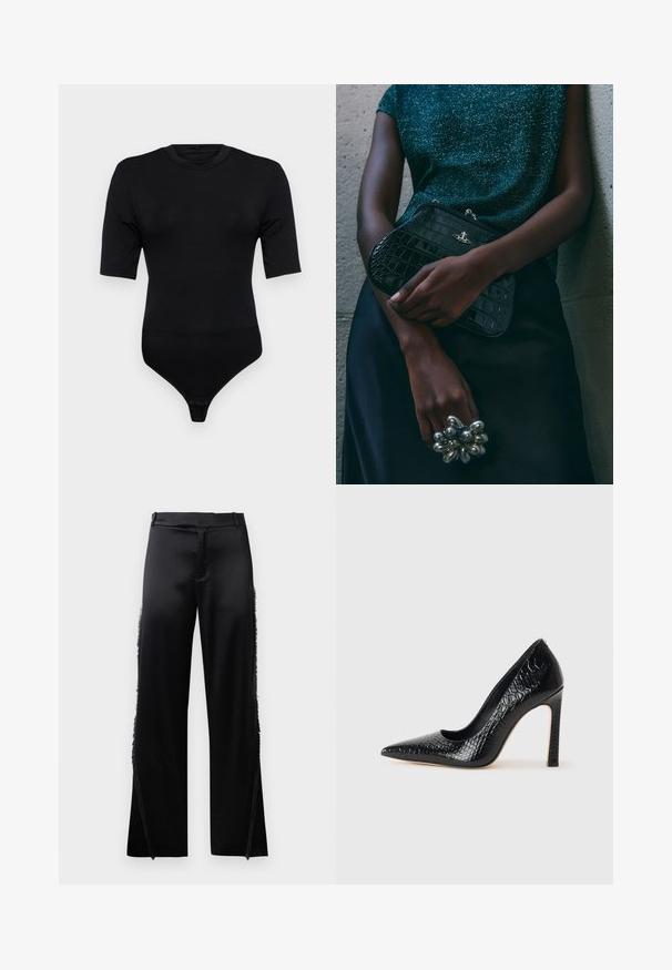 Body negru cu mâneci scurte, realizat dintr-un material moale. Are un decolteu rotund și un fund cu thong, cu închidere prin capse. Textură netedă.; Pantaloni negri din satin, cu picioare largi, având detalii cu franjuri de-a lungul cusăturilor laterale și o talie plată în față. Spatele este simplu, fără buzunare.; Pantofii cu toc înalt, ascuțiți, de culoare neagră, cu textură de piele de crocodil, având un design elegant, toc în stil stiletto și interior neted de culoare neagră.; Geantă de umăr de tip clutch, cu model de crocodil negru și detalii din metal argintiu, sprijinită pe un fundal texturat gri. Prezintă o suprafață lucioasă.