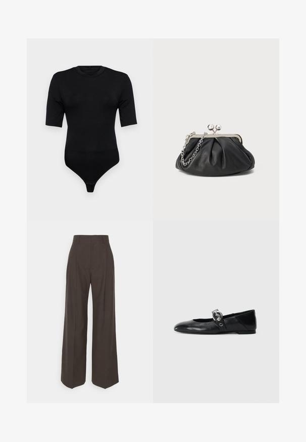 Melnā bodija ar īsām piedurknēm, izgatavots no mīksta auduma. Tam ir apaļa kakla izgriezums un stringa apakšdaļa ar snap aizdari. Gluda tekstūra.; Tumši brūni platajiem galiem bikses ar augstu jostasvietu, kas pieejamas ar uzmanīgi presētām krokām, gludu tekstūru un pielāgotu piegriezumu.; Melnas ādas baleta kurpes ar smailu purngalu, ar siksniņu ar apaļu metāla sprādzi un platu zoli.; Melnas ādas roku soma ar sakrautām tekstūrām, sudraba toņu metāla rāmis, skavas aizdare un ķēdes siksna. Gluda, maiga virsma.