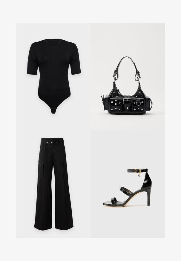 Fekete bodyszut rövid ujjal, puha anyagból készült. Jellemzője egy kerek nyakkivágás és egy tanga alsó résszel ellátva, patentos záródással. Sima textúra.; Fekete, bő szárú nadrág magas derékkal, nagyméretű oldalsó zsebekkel, két elülső gombbal és hurok részlettel. Tartós anyagból készült.; Fekete lakk bőr szandál három pánttal, bokapánttal és 10 cm magasságú tűsarokkal. Arany színű részletekkel és logó charm-mal rendelkezik.; Fekete bőr kézitáska ívelt designnal, ezüst szegecsekkel, csattal és két oldalsó zsebbel. Állítható vállpánt a hordozási lehetőségekhez.