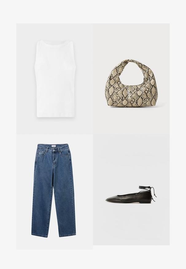 Baltas, ribots topiņš ar apaļu kakla izgriezumu un bez piedurknēm. Audums izskatās gluds un elastīgs, piemērots ikdienas valkāšanai.; Klasiskie zili džinsi ar taisnu kāju dizainu, pieciem kabatām un pogu aizdari. Iezīmējas ar vidēju mazgāšanu un izturīgu tekstūru.; Melnas ādas baleta kurpes ar smailu purngalu, potītes saitēm un plakanu zoli, kas izceļas ar gludu tekstūru un minimālistisku dizainu.; Čūsku raksta soma ar izliekto rokturi. Izgatavota no teksturētiem, bēšiem un brūniem materiāliem, ar izteiksmīgu dimanta rakstu.