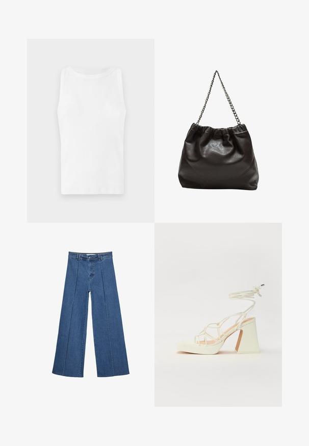 Canotta bianca a coste con scollatura rotonda e senza maniche. Il tessuto appare liscio ed elastico, adatto per un look casual.; Jeans in denim a gamba larga di blu medio, con vita alta, chiusura con bottone e dettagli delle cuciture verticali a contrasto lungo la parte anteriore.; Sandalo bianco con tacco alto, caratterizzato da un design a cinturini e un legaccio alla caviglia. Texture liscia con una piattaforma frontale per un'altezza aggiuntiva.; Borsa in pelle marrone con parte superiore arricciata e tracolla a catena. Texture liscia con finitura lucida e dettagli di cucitura sottili sui lati.