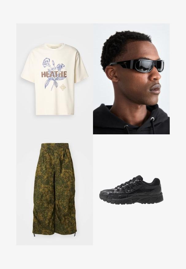 Camiseta de algodón crema con gráficos florales azules y un texto bold en marrón "HEATHE." Corte holgado con mangas cortas y un cuello redondo.; Pantalones de pierna ancha con estampado de camuflaje pixelado en verde y marrón, cierre con botón y cordones en los dobladillos.; Zapatilla deportiva negra con parte superior de malla y sintético, superficie texturizada, diseño de cordones y suela de goma con patrón para tracción.; Gafas de sol negras con un diseño elegante y angular. Presentan un marco brillante y lentes oscuros. Pequeño logo dorado de RSF en el lateral.
