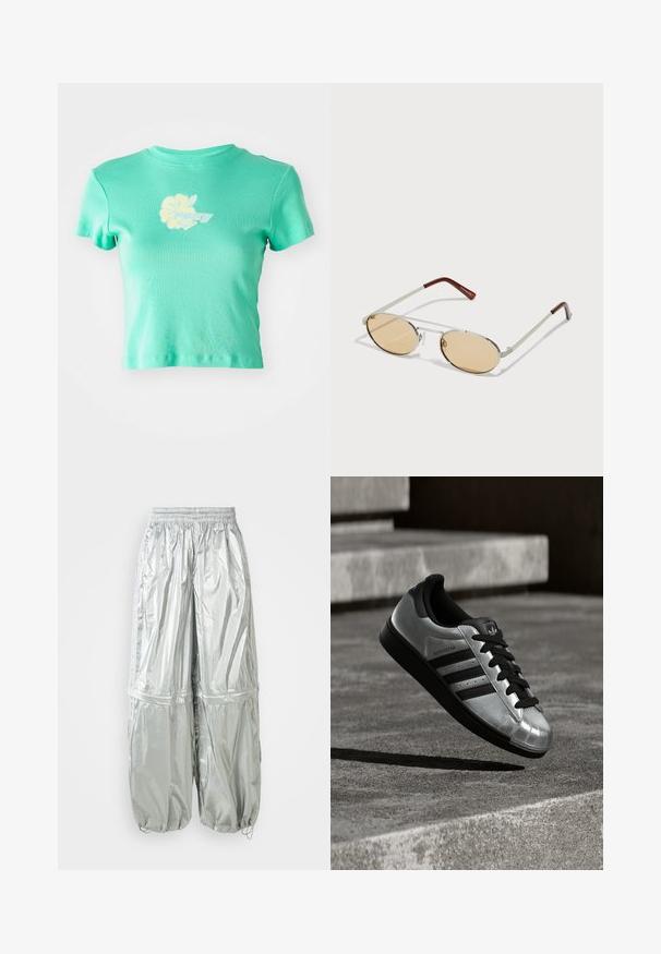 Cropped t-shirt in light teal fabric featuring a floral design and "ROXY" logo in white and yellow at the center front. Short sleeves.; Silver lightweight cargo pants with a shiny texture, elastic waistband, gathered cuffs, and two large front pockets.; Silver sneaker with a black rubber sole, black laces, and three black stripes. Features a metallic finish and classic shell toe design.; Metal sunglasses with oval, light brown tinted lenses. Slim silver frame with textured accents and reddish-brown tips on the arms.